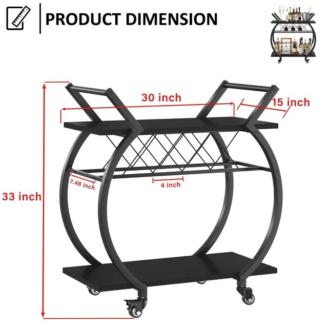 Alt view image 2 of 7 - Black Bar Cart with Wheels, Industrial Wine Cart with Storage for Home | Modern Bar Cart with Wine Rack, Beverage Rolling Kitchen Serving Cart, Wooden Microwave Drink Liquor Cart for Dining Room