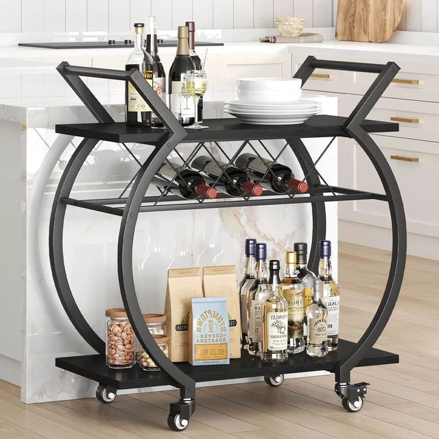 Alt view image 6 of 7 - Black Bar Cart with Wheels, Industrial Wine Cart with Storage for Home | Modern Bar Cart with Wine Rack, Beverage Rolling Kitchen Serving Cart, Wooden Microwave Drink Liquor Cart for Dining Room