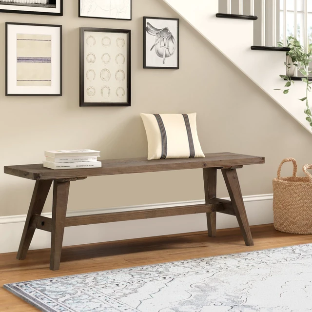 Main image of 47" Farmhouse Wood Bench, Solid Wood Entryway Bench, Brown | Dining Room Seat for End of Bed, Hallway, Easy to Assemble, Rustic Farmhouse Decor