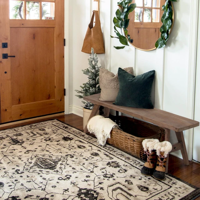 Alt view image 3 of 6 - 47" Farmhouse Wood Bench, Solid Wood Entryway Bench, Brown | Dining Room Seat for End of Bed, Hallway, Easy to Assemble, Rustic Farmhouse Decor