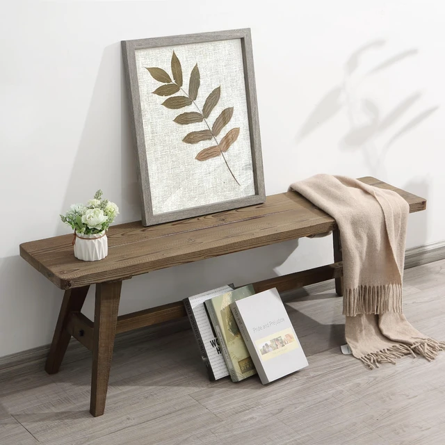 Alt view image 5 of 6 - 47" Farmhouse Wood Bench, Solid Wood Entryway Bench, Brown | Dining Room Seat for End of Bed, Hallway, Easy to Assemble, Rustic Farmhouse Decor