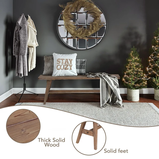 Alt view image 6 of 6 - 47" Farmhouse Wood Bench, Solid Wood Entryway Bench, Brown | Dining Room Seat for End of Bed, Hallway, Easy to Assemble, Rustic Farmhouse Decor