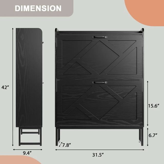 Alt view image 2 of 7 - Shoe Storage Cabinet with 2 Flip Drawers, Freestanding Shoe Organizer, Shoe Cabinet with Metal Legs, Narrow Shoe Rack Cabinet, Farmhouse Slim Shoe Cabinet for Entryway, Foyer, Hallway, Black