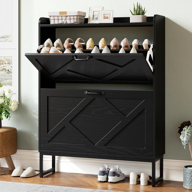 Main image of Shoe Storage Cabinet with 2 Flip Drawers, Freestanding Shoe Organizer, Shoe Cabinet with Metal Legs, Narrow Shoe Rack Cabinet, Farmhouse Slim Shoe Cabinet for Entryway, Foyer, Hallway, Black