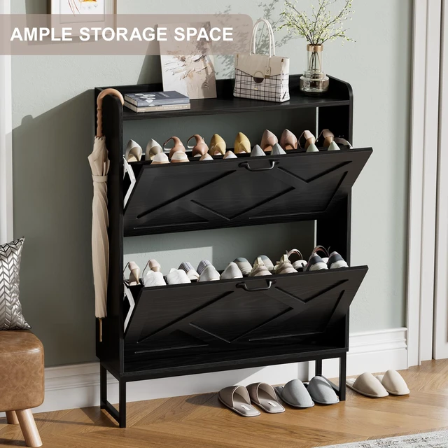 Alt view image 3 of 7 - Shoe Storage Cabinet with 2 Flip Drawers, Freestanding Shoe Organizer, Shoe Cabinet with Metal Legs, Narrow Shoe Rack Cabinet, Farmhouse Slim Shoe Cabinet for Entryway, Foyer, Hallway, Black