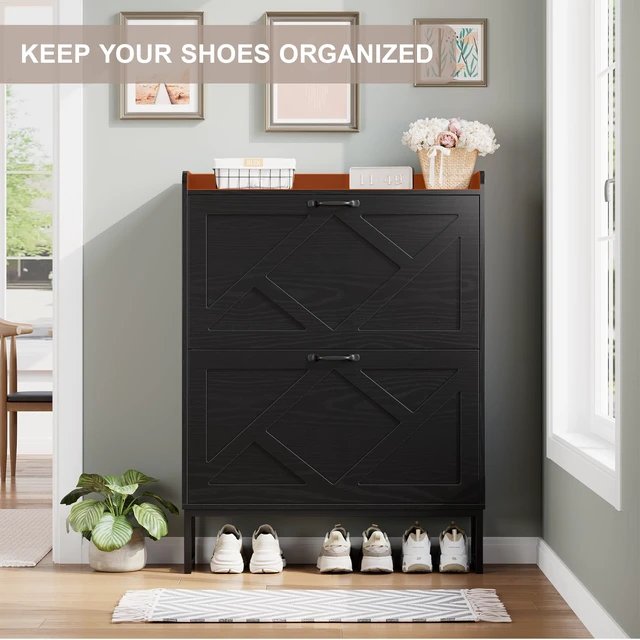 Alt view image 4 of 7 - Shoe Storage Cabinet with 2 Flip Drawers, Freestanding Shoe Organizer, Shoe Cabinet with Metal Legs, Narrow Shoe Rack Cabinet, Farmhouse Slim Shoe Cabinet for Entryway, Foyer, Hallway, Black