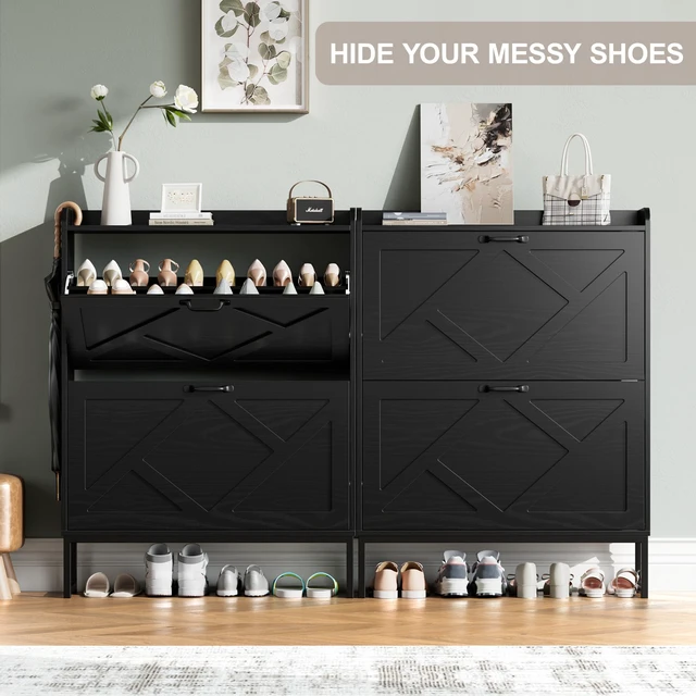 Alt view image 5 of 7 - Shoe Storage Cabinet with 2 Flip Drawers, Freestanding Shoe Organizer, Shoe Cabinet with Metal Legs, Narrow Shoe Rack Cabinet, Farmhouse Slim Shoe Cabinet for Entryway, Foyer, Hallway, Black