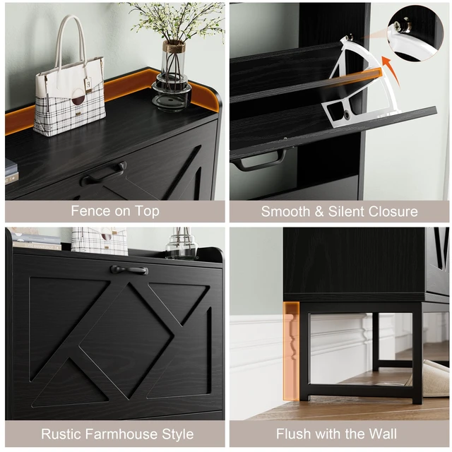 Alt view image 6 of 7 - Shoe Storage Cabinet with 2 Flip Drawers, Freestanding Shoe Organizer, Shoe Cabinet with Metal Legs, Narrow Shoe Rack Cabinet, Farmhouse Slim Shoe Cabinet for Entryway, Foyer, Hallway, Black
