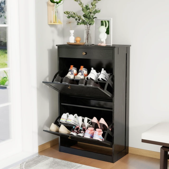 Main image of Shoe Storage Cabinet with 2 Flip Drawers, Shoe Cabinet Organizer, Black | Freestanding Hidden Shoe Rack Cabinet with Door, Pet-Proof Shoe Cabinet Storage for Entryway Living Room Behind The Door