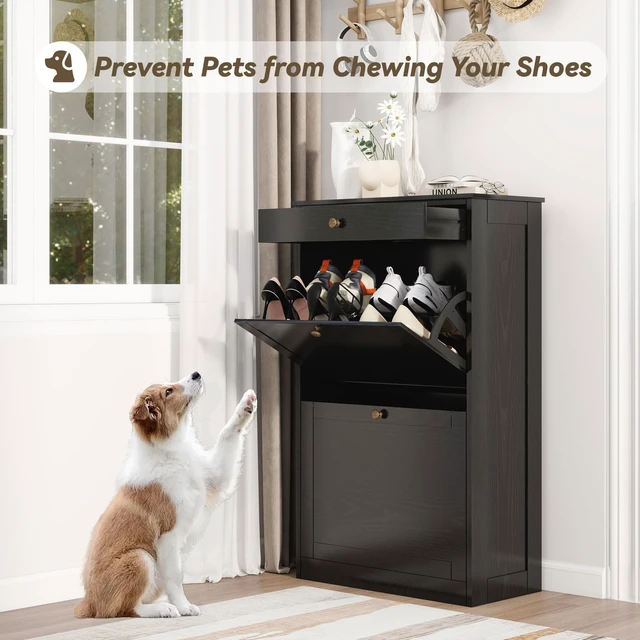 Alt view image 3 of 7 - Shoe Storage Cabinet with 2 Flip Drawers, Shoe Cabinet Organizer, Black | Freestanding Hidden Shoe Rack Cabinet with Door, Pet-Proof Shoe Cabinet Storage for Entryway Living Room Behind The Door