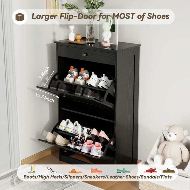 Alt view image 4 of 7 - Shoe Storage Cabinet with 2 Flip Drawers, Shoe Cabinet Organizer, Black | Freestanding Hidden Shoe Rack Cabinet with Door, Pet-Proof Shoe Cabinet Storage for Entryway Living Room Behind The Door