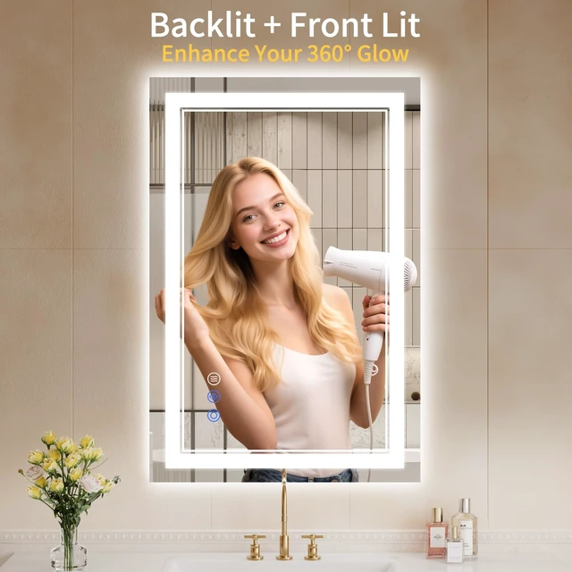 Alt view image 2 of 7 - 24X36 LED Bathroom Mirror with Lights, Anti-Fog, Backlit + Front Lit, Dimmable, Led Vanity Mirror for Wall, Lighted Bathroom Mirror, 3 Colors, Shatter-Proof Tempered Glass
