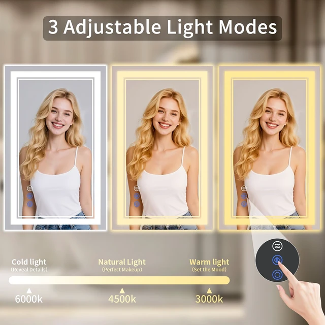 Alt view image 3 of 7 - 24X36 LED Bathroom Mirror with Lights, Anti-Fog, Backlit + Front Lit, Dimmable, Led Vanity Mirror for Wall, Lighted Bathroom Mirror, 3 Colors, Shatter-Proof Tempered Glass
