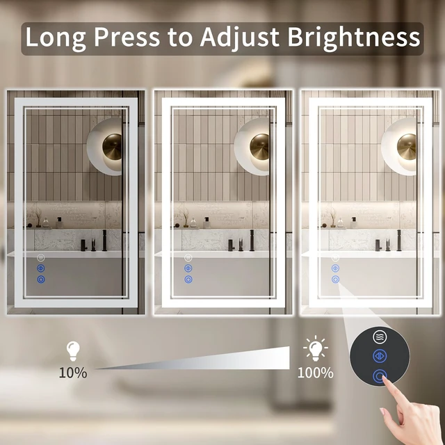 Alt view image 4 of 7 - 24X36 LED Bathroom Mirror with Lights, Anti-Fog, Backlit + Front Lit, Dimmable, Led Vanity Mirror for Wall, Lighted Bathroom Mirror, 3 Colors, Shatter-Proof Tempered Glass