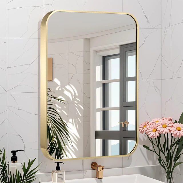 Alt view image 2 of 7 - 24x36 Inch Gold Bathroom Mirror, Brushed Brass Gold Metal Framed Rectangular Mirror with Rounded Corner, Wall Mounted Vanity Mirror for Bedroom or Living Room, Horizontal/Vertical