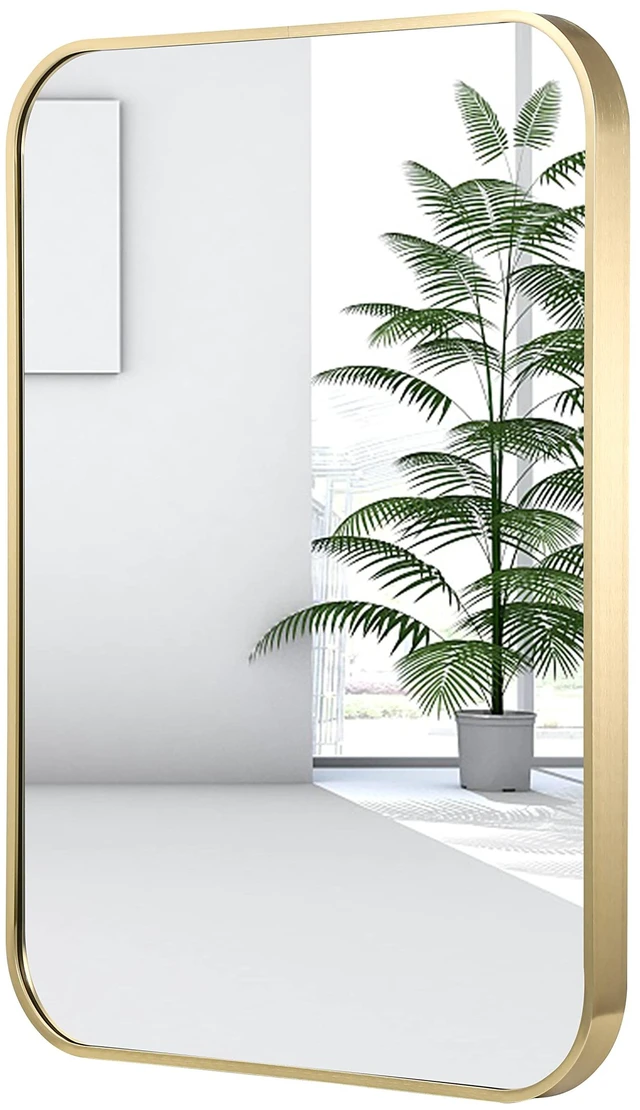Main image of 24x36 Inch Gold Bathroom Mirror, Brushed Brass Gold Metal Framed Rectangular Mirror with Rounded Corner, Wall Mounted Vanity Mirror for Bedroom or Living Room, Horizontal/Vertical