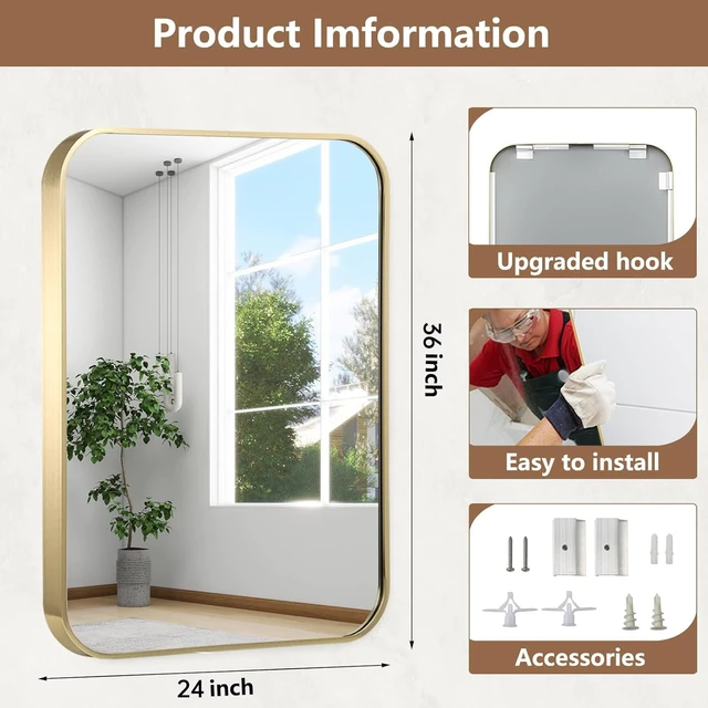 Alt view image 5 of 7 - 24x36 Inch Gold Bathroom Mirror, Brushed Brass Gold Metal Framed Rectangular Mirror with Rounded Corner, Wall Mounted Vanity Mirror for Bedroom or Living Room, Horizontal/Vertical