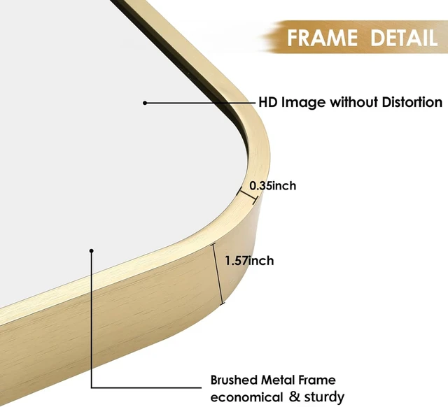 Alt view image 4 of 7 - 24x36 Inch Gold Bathroom Mirror, Brushed Brass Gold Metal Framed Rectangular Mirror with Rounded Corner, Wall Mounted Vanity Mirror for Bedroom or Living Room, Horizontal/Vertical