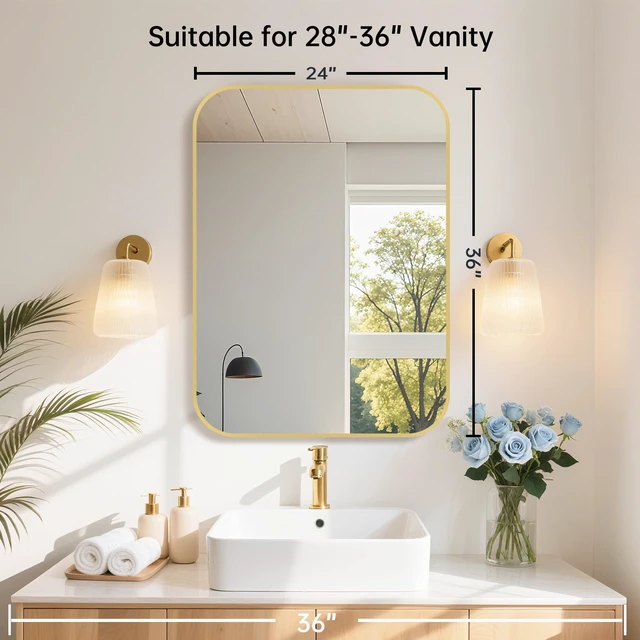 Alt view image 6 of 7 - 24x36 Inch Gold Bathroom Mirror, Brushed Brass Gold Metal Framed Rectangular Mirror with Rounded Corner, Wall Mounted Vanity Mirror for Bedroom or Living Room, Horizontal/Vertical