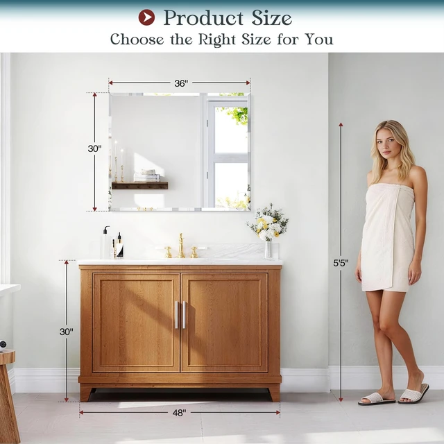 Alt view image 2 of 7 - Frameless Bathroom Mirror, 30"x36" Beveled Bathroom Mirror for Vanity, Wall Mount Mirrors with 4mm Tempered Glass for Bedroom Entryway Living Room Hangs Horizontally or Vertically