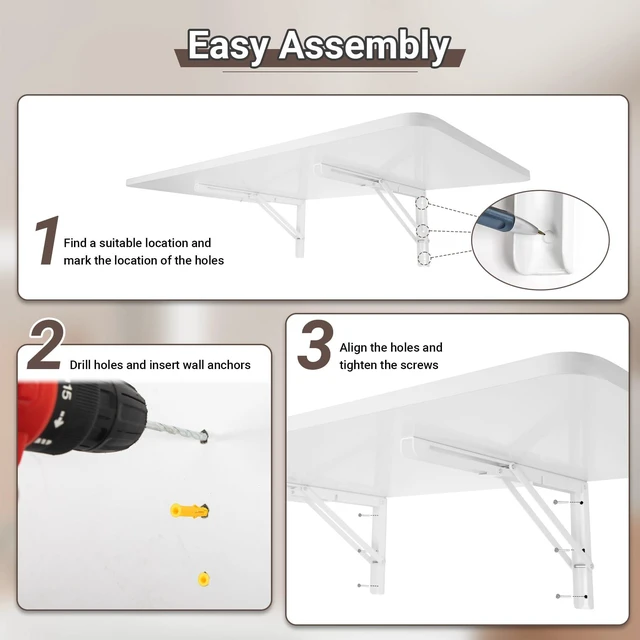 Alt view image 7 of 7 - Upgrade Wall Mounted Folding Table 31.5L x 15.7W, White | Laundry Folding Table with Heavy Duty Metal Collapsible Shelf Brackets, Wall Mounted Desk Fold Down for Small Spaces