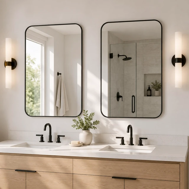 Alt view image 2 of 7 - 2-Pack 22x30 Inch Matte Black Rounded Rectangle Vanity Mirrors | Double Vanity or Two Bathrooms, Pair or Separate Use, Iron Frame, Layered Shadow Box Look, Two-Way Mount