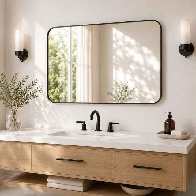 Alt view image 7 of 7 - 2-Pack 22x30 Inch Matte Black Rounded Rectangle Vanity Mirrors | Double Vanity or Two Bathrooms, Pair or Separate Use, Iron Frame, Layered Shadow Box Look, Two-Way Mount