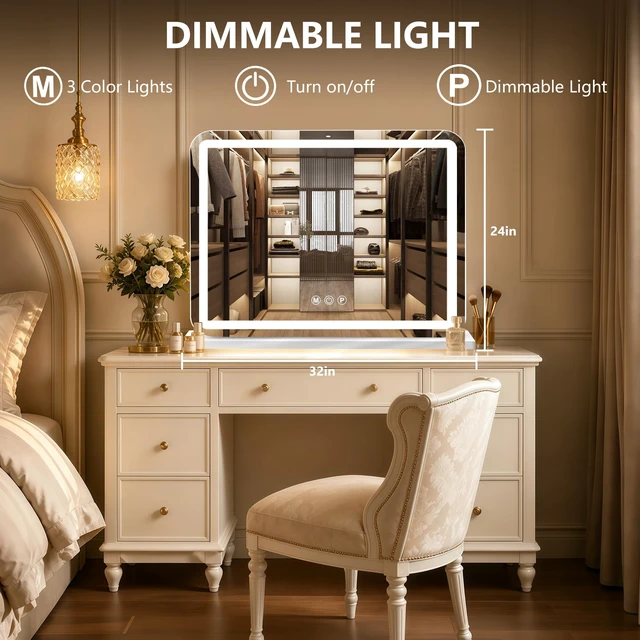 Alt view image 2 of 7 - 32"x24" Vanity Mirror with Lights, Led Makeup Mirror, Lighted Makeup Mirror with 3 Color Dimmable Lights, Smart Touch Screen Control, Aluminum Metal Frame,USB Charging Port