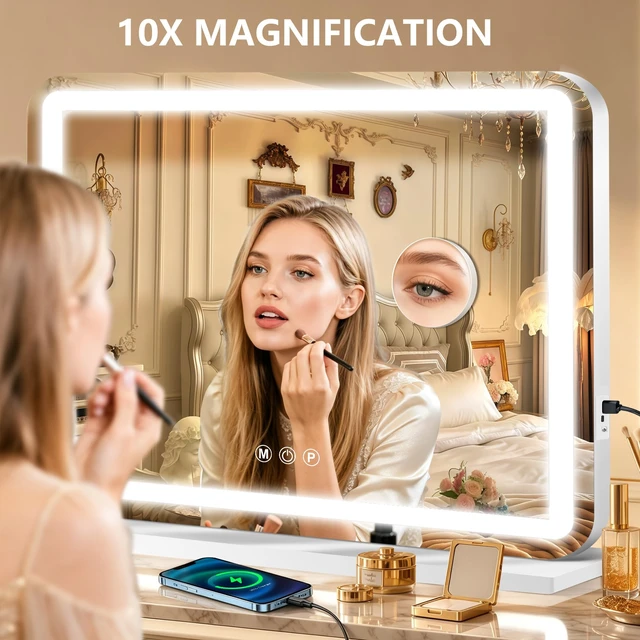 Alt view image 3 of 7 - 32"x24" Vanity Mirror with Lights, Led Makeup Mirror, Lighted Makeup Mirror with 3 Color Dimmable Lights, Smart Touch Screen Control, Aluminum Metal Frame,USB Charging Port
