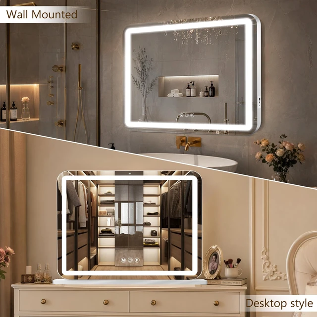 Alt view image 4 of 7 - 32"x24" Vanity Mirror with Lights, Led Makeup Mirror, Lighted Makeup Mirror with 3 Color Dimmable Lights, Smart Touch Screen Control, Aluminum Metal Frame,USB Charging Port