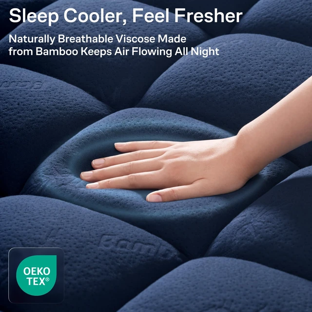 Alt view image 3 of 6 - King Ultra Soft Mattress Topper Back Pain Relief | Rayon Derived from Bamboo, 20" Deep Pocket, Breathable Pillow Top Mattress Pad, Perfect for Hot Sleepers, Navy Blue