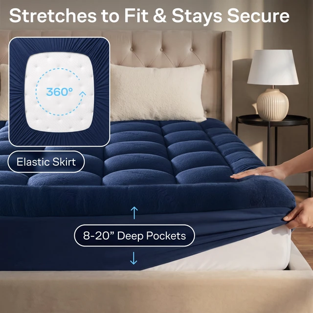 Alt view image 5 of 6 - King Ultra Soft Mattress Topper Back Pain Relief | Rayon Derived from Bamboo, 20" Deep Pocket, Breathable Pillow Top Mattress Pad, Perfect for Hot Sleepers, Navy Blue