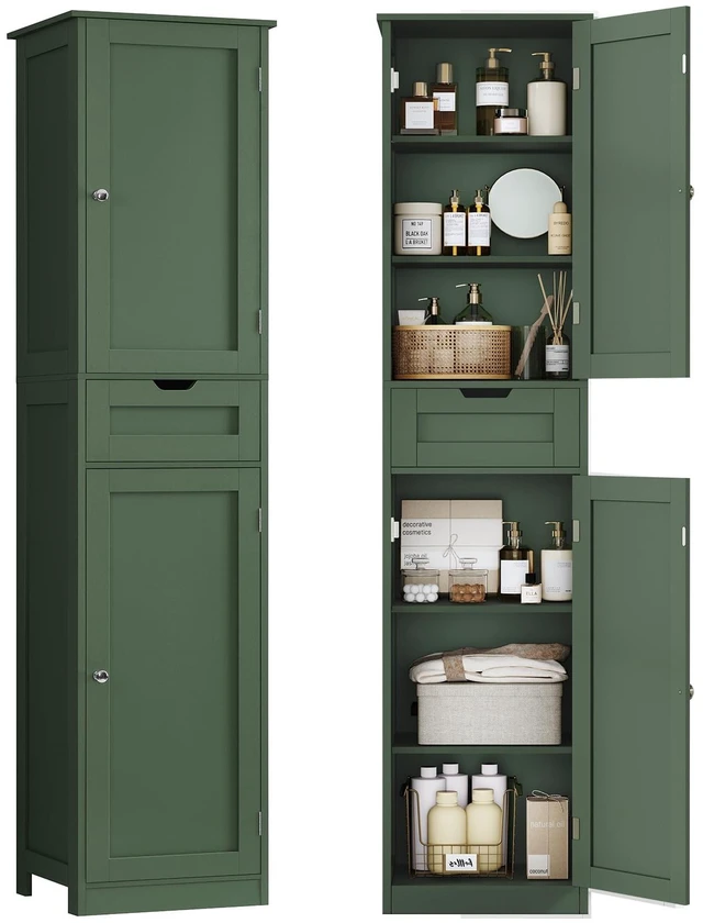 Main image of Tall Bathroom Cabinet with 2 Doors & 1 Drawer, Narrow Bathroom Storage Cabinet with Adjustable Shelves, for Living Room, Entryway, Kitchen, Forest Green