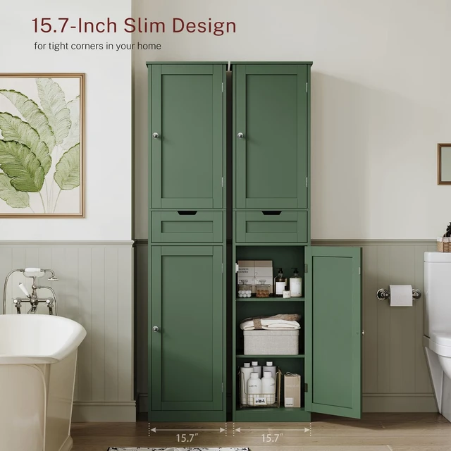 Alt view image 2 of 7 - Tall Bathroom Cabinet with 2 Doors & 1 Drawer, Narrow Bathroom Storage Cabinet with Adjustable Shelves, for Living Room, Entryway, Kitchen, Forest Green
