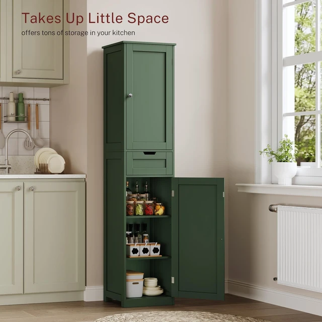 Alt view image 3 of 7 - Tall Bathroom Cabinet with 2 Doors & 1 Drawer, Narrow Bathroom Storage Cabinet with Adjustable Shelves, for Living Room, Entryway, Kitchen, Forest Green