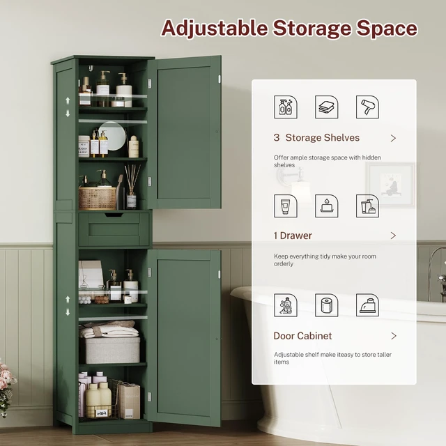 Alt view image 4 of 7 - Tall Bathroom Cabinet with 2 Doors & 1 Drawer, Narrow Bathroom Storage Cabinet with Adjustable Shelves, for Living Room, Entryway, Kitchen, Forest Green