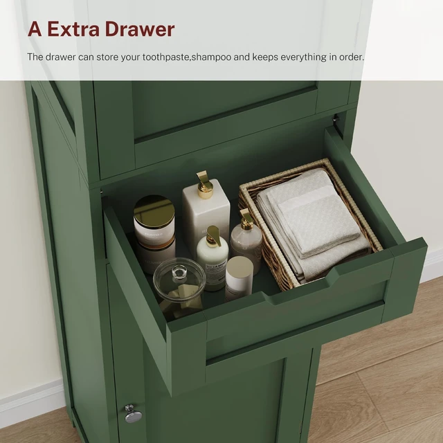 Alt view image 5 of 7 - Tall Bathroom Cabinet with 2 Doors & 1 Drawer, Narrow Bathroom Storage Cabinet with Adjustable Shelves, for Living Room, Entryway, Kitchen, Forest Green