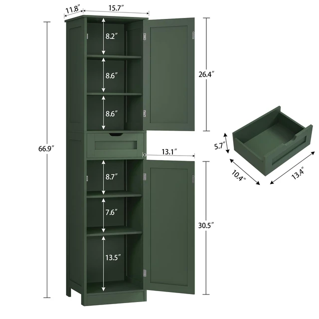 Alt view image 6 of 7 - Tall Bathroom Cabinet with 2 Doors & 1 Drawer, Narrow Bathroom Storage Cabinet with Adjustable Shelves, for Living Room, Entryway, Kitchen, Forest Green