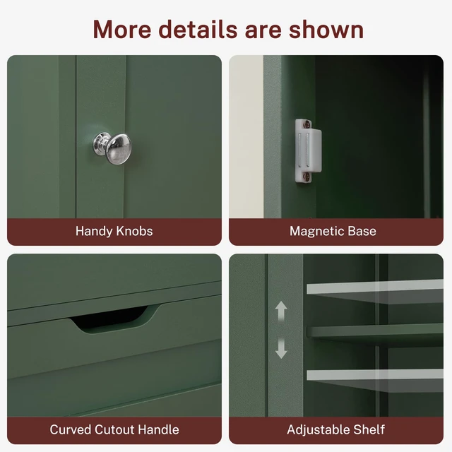 Alt view image 7 of 7 - Tall Bathroom Cabinet with 2 Doors & 1 Drawer, Narrow Bathroom Storage Cabinet with Adjustable Shelves, for Living Room, Entryway, Kitchen, Forest Green