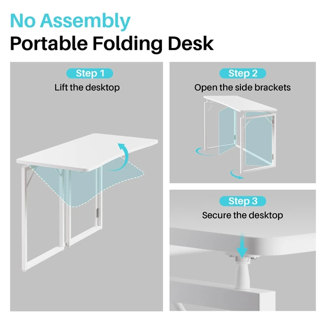 Alt view image 6 of 7 - 40" White Folding Desk, No Assembly, Wooden Top, Middle Size | Foldable Desk for Work, Study, Writing | Ergonomic, Safe Corners | Hold 150 lbs, Foldable Table Built to Last | Glossy Top