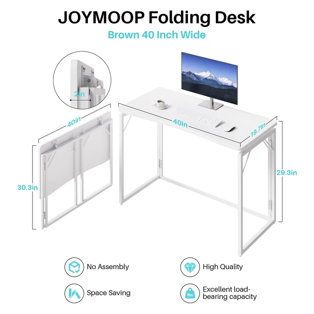 Alt view image 3 of 7 - 40" White Folding Desk, No Assembly, Wooden Top, Middle Size | Foldable Desk for Work, Study, Writing | Ergonomic, Safe Corners | Hold 150 lbs, Foldable Table Built to Last | Glossy Top