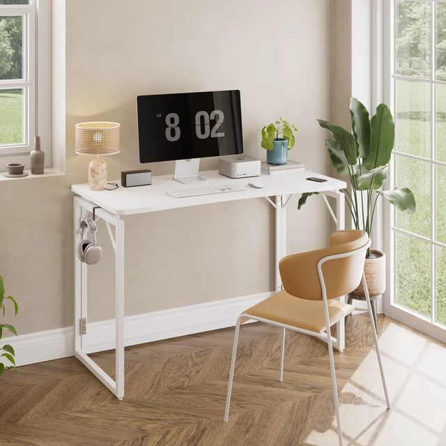 Alt view image 2 of 7 - 40" White Folding Desk, No Assembly, Wooden Top, Middle Size | Foldable Desk for Work, Study, Writing | Ergonomic, Safe Corners | Hold 150 lbs, Foldable Table Built to Last | Glossy Top