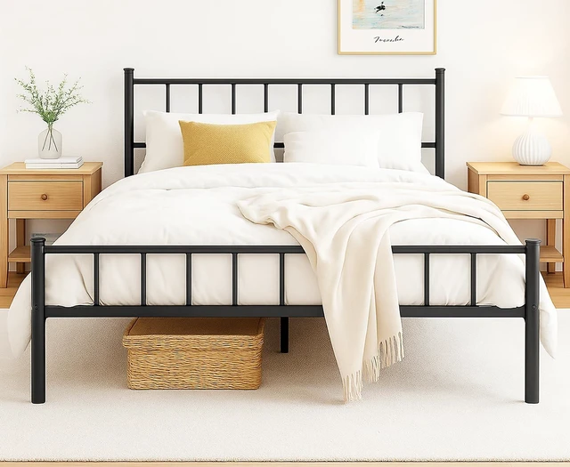 Main image of King Metal Bed Frame with Headboard and Footboard Steel Slat Support | King Size Platform Bedframe Mattress Foundation, No Boxing Spring Needed, Under Bed Storage Easy Assembly, Black