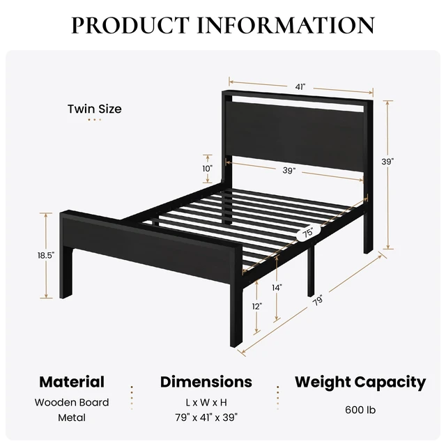 Alt view image 2 of 7 - 14 Inch Twin Size Metal Platform Bed Frame with Wooden Headboard and Footboard, Mattress Foundation, No Box Spring Needed, Large Under Bed Storage, Heavy Duty Slats Support, Black Oak