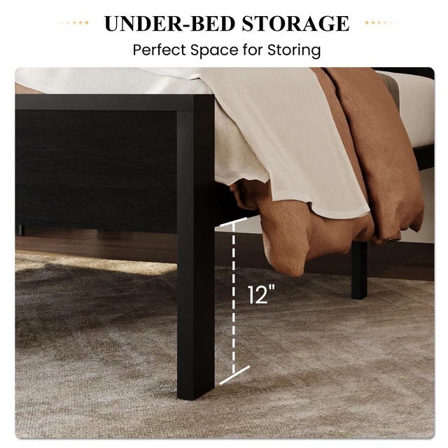 Alt view image 4 of 7 - 14 Inch Twin Size Metal Platform Bed Frame with Wooden Headboard and Footboard, Mattress Foundation, No Box Spring Needed, Large Under Bed Storage, Heavy Duty Slats Support, Black Oak