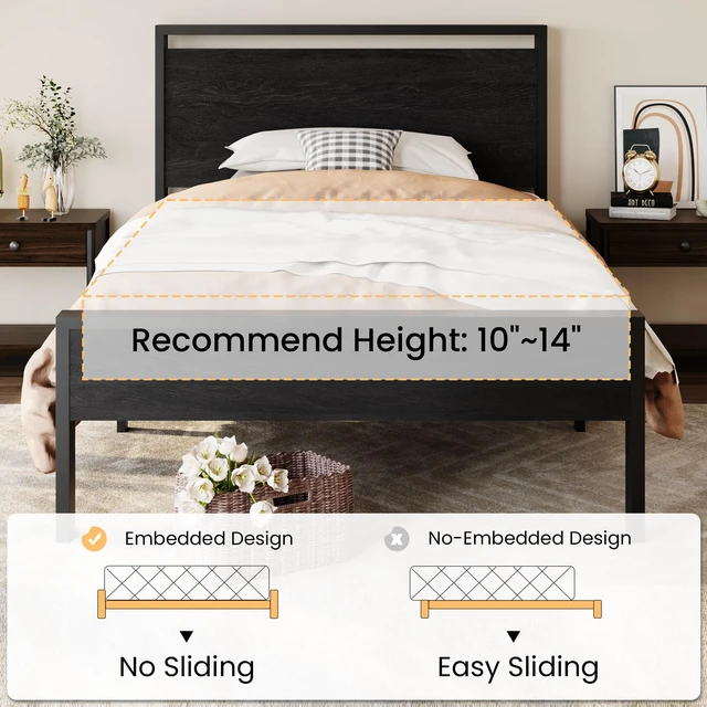 Alt view image 7 of 7 - 14 Inch Twin Size Metal Platform Bed Frame with Wooden Headboard and Footboard, Mattress Foundation, No Box Spring Needed, Large Under Bed Storage, Heavy Duty Slats Support, Black Oak