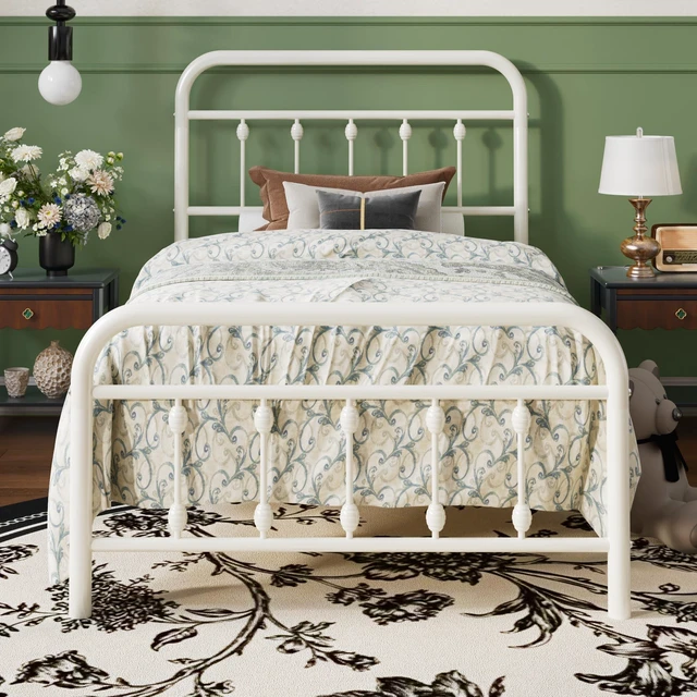 Main image of Twin Metal Bed Frame with Victorian Iron-Art Headboard, Cream | Victorian Iron-Art Headboard and Footboard, Easy Assembly, Under Bed Storage, No Box Spring Required