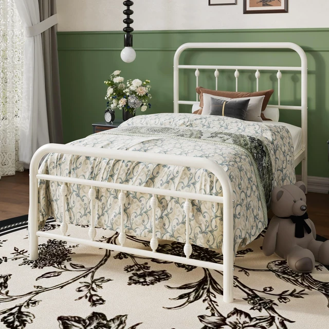 Alt view image 2 of 7 - Twin Metal Bed Frame with Victorian Iron-Art Headboard, Cream | Victorian Iron-Art Headboard and Footboard, Easy Assembly, Under Bed Storage, No Box Spring Required