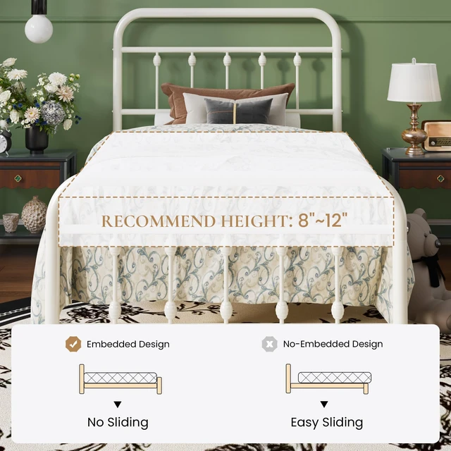 Alt view image 7 of 7 - Twin Metal Bed Frame with Victorian Iron-Art Headboard, Cream | Victorian Iron-Art Headboard and Footboard, Easy Assembly, Under Bed Storage, No Box Spring Required