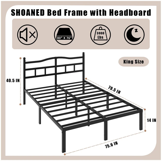 Alt view image 2 of 6 - Metal Bed Frame with Headboard - 14 Inch King Size Heavy Duty Bedframe Black Basic Steel Slats Platform No Box Spring Needed/Easy Assembly/Noise Free
